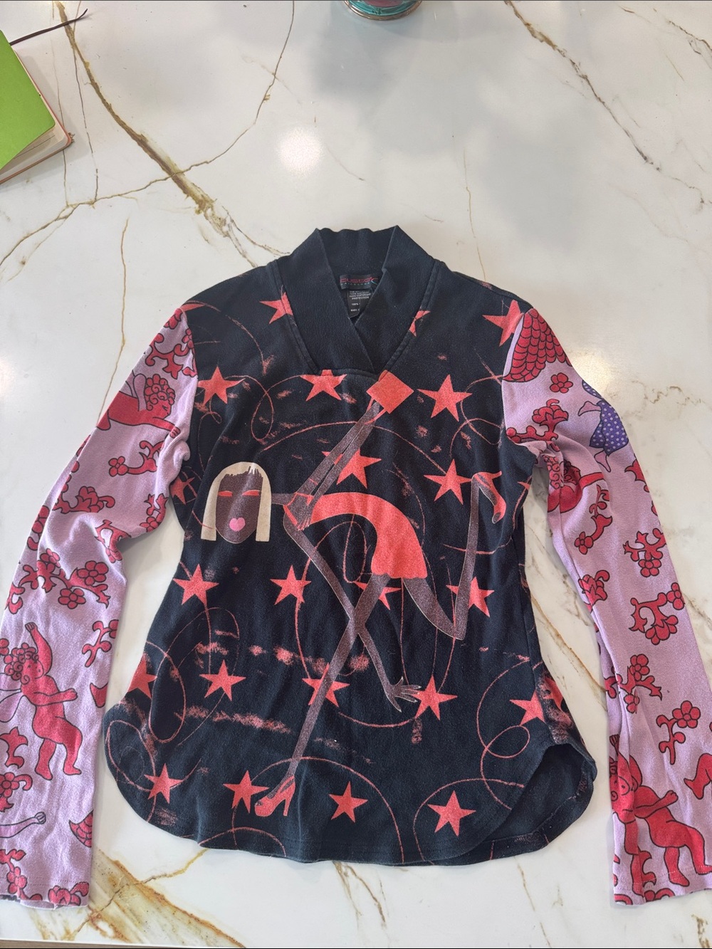 Custo Barcelona Black Long Sleeve Top with Pink Graphic Stars & Flamingo